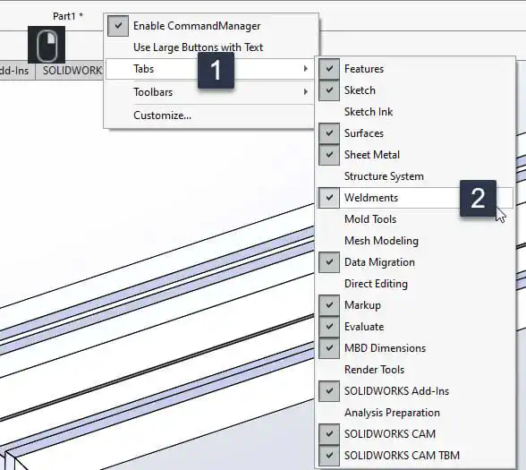 picture of show weldment tab in solidworks